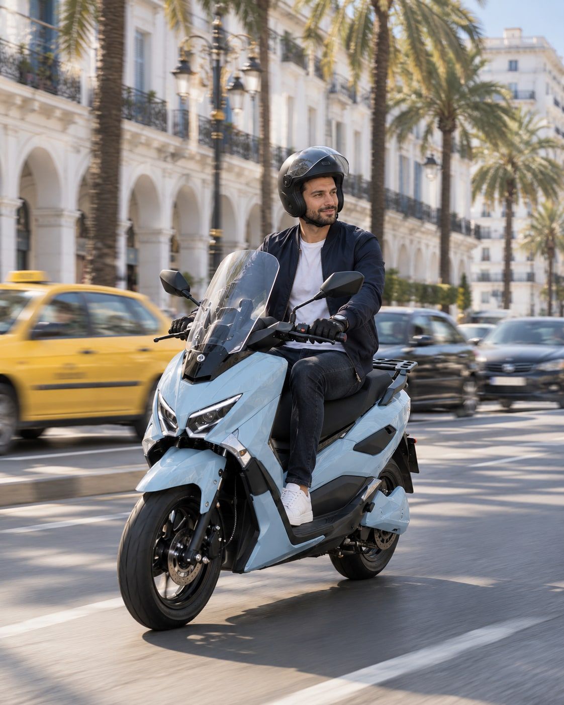 Une Potensia circule dans le trafic dense d’un boulevard d’Alger ensoleillé