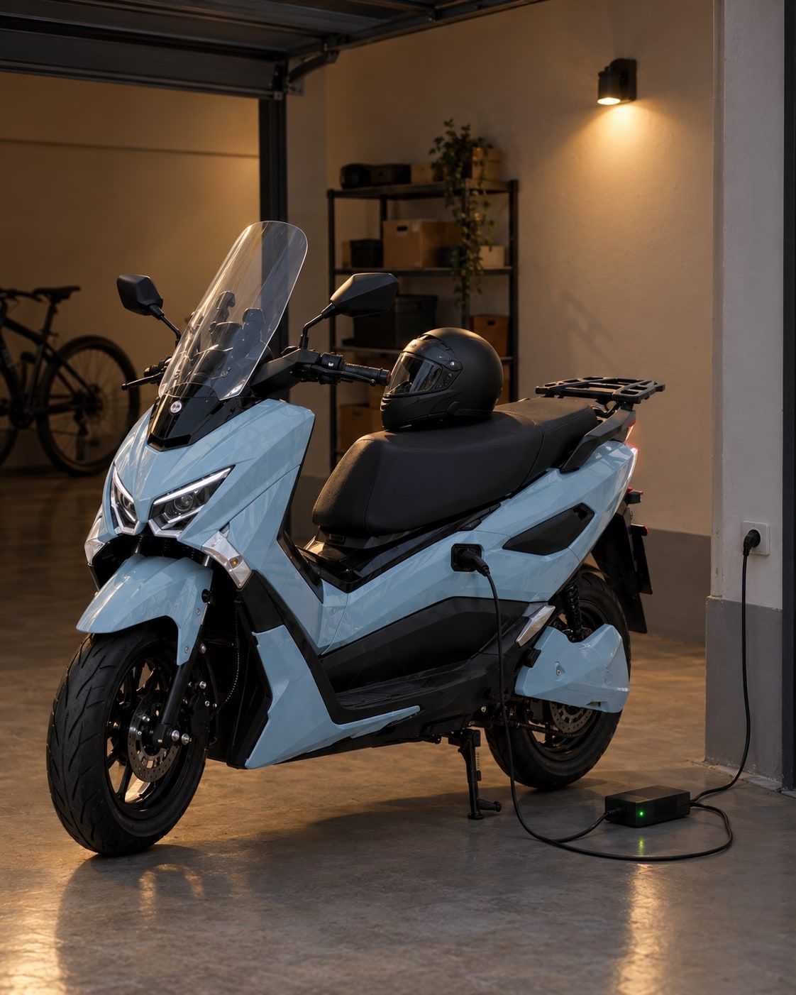 Une Potensia en charge sur une prise murale dans un garage la nuit