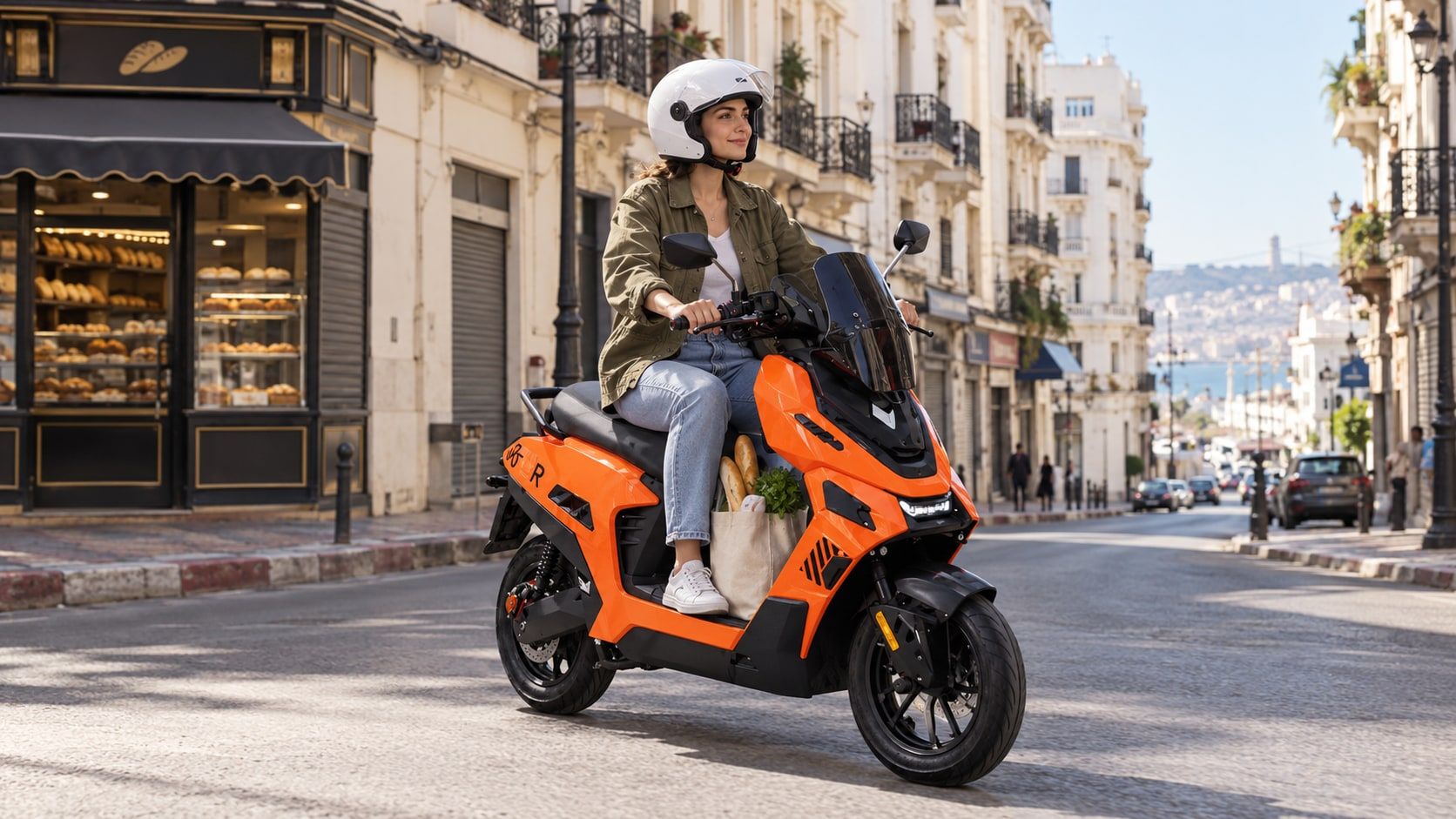 Une jeune femme sur une Potensia F1 orange dans une rue étroite du centre d’Oran, ses courses à ses pieds