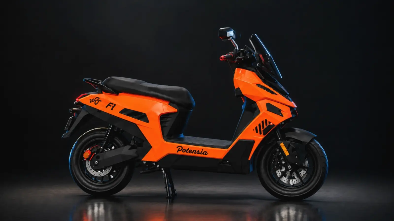 La moto électrique Potensia F1 orange dans un studio sombre, qui pivote du profil vers la caméra, phare allumé